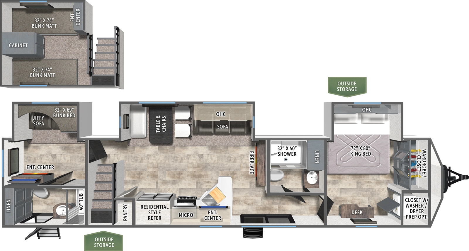 The Puma Destination 429LFT floorplan has two entries and three slide outs. Exterior features include: metal exterior and 21' awning. Interiors features include: bunk beds, loft, free-standing dinette option, front bedroom and two full bathrooms.